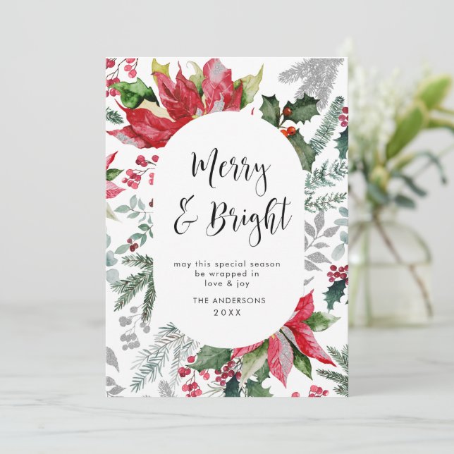 Elegant Poinsettia Christmas Mistletoe Greeting Holiday Card (Standing Front)