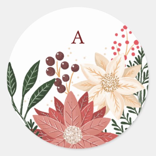 Elegant Poinsettia Christmas Monogram Watercolor Classic Round Sticker