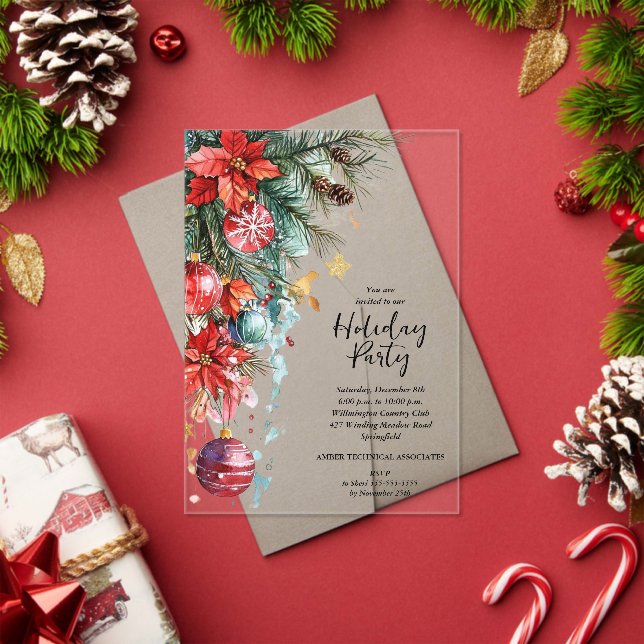 Elegant Poinsettia Christmas Party Acrylic Invitations (Insitu (Holiday))