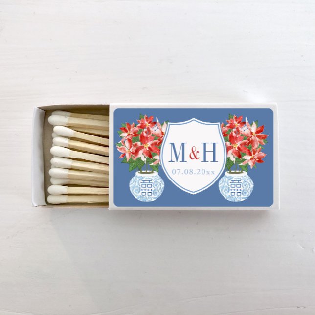 Elegant Poinsettia Christmas Wedding Couples Crest Matchboxes (Festive red poinsettia in ginger jar vase and couples monogram wedding crest)