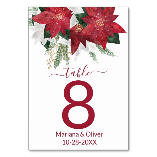 Elegant Poinsettia Christmas Wedding Table Number