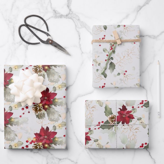 Elegant Poinsettia & Eucalyptus Glitter Christmas Wrapping Paper Sheets (Front)