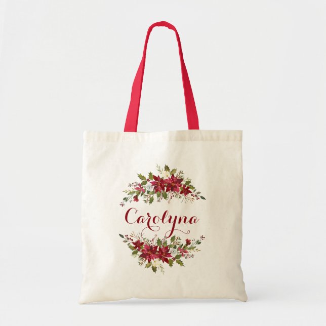 Elegant Poinsettia Floral Bridesmaid Favor Tote Bag (Front)