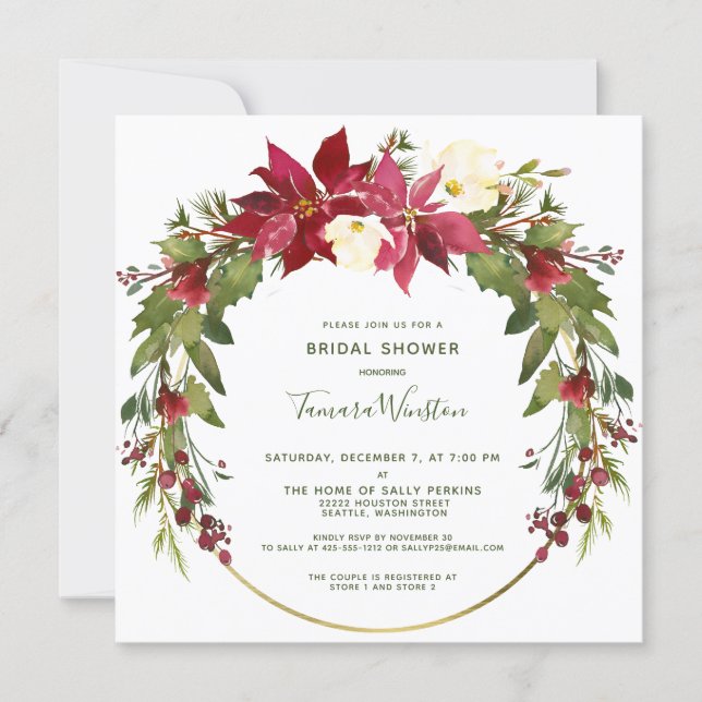 Elegant Poinsettia Floral Christmas Bridal Shower Invitation (Front)