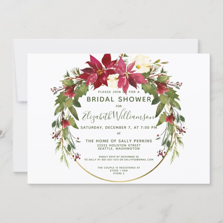 Elegant Poinsettia Floral Christmas Bridal Shower Invitation | Zazzle