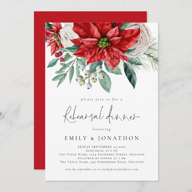 Elegant Poinsettia Foliage Rehearsal Dinner Invitation (Front/Back)