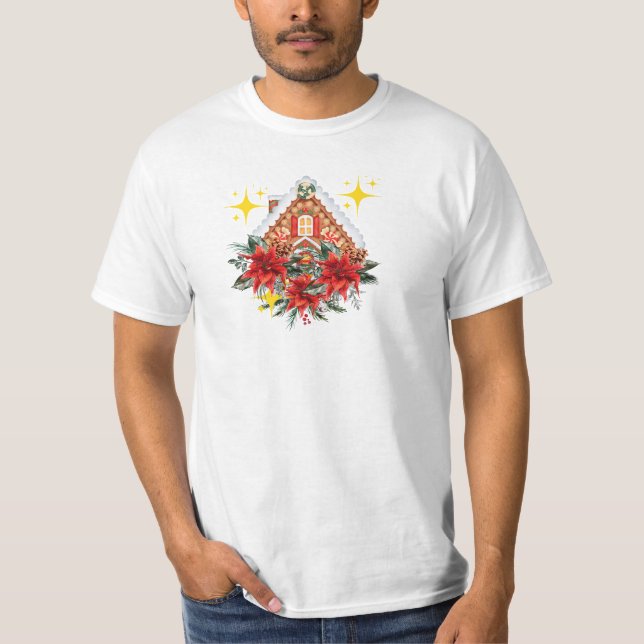 Elegant Poinsettia & Gingerbread House T-Shirt (Front)