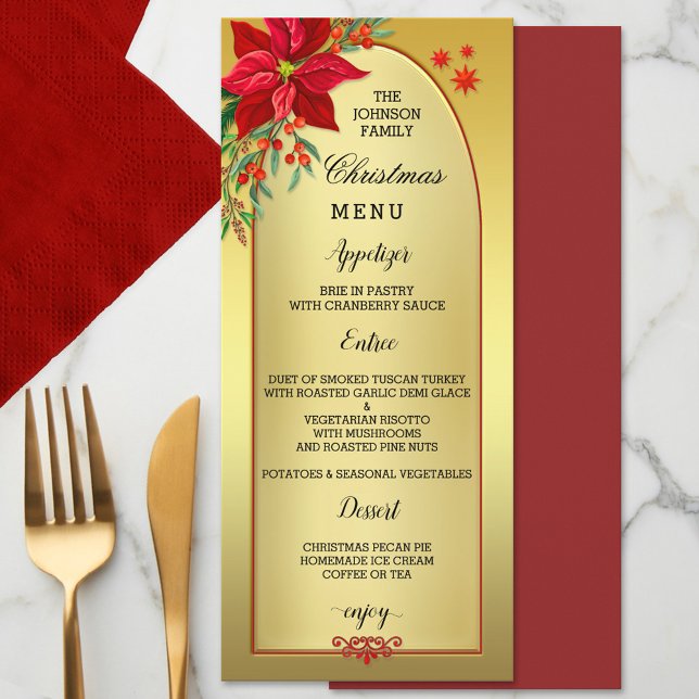 Elegant Poinsettia Gold Christmas Dinner Menu (Creator Uploaded)