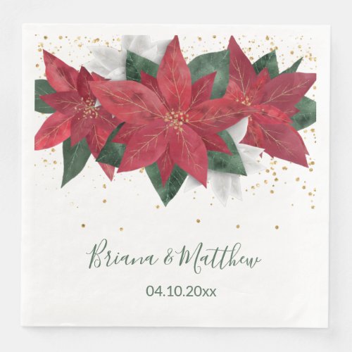 Elegant Poinsettia Green Christmas Wedding Paper Dinner Napkins