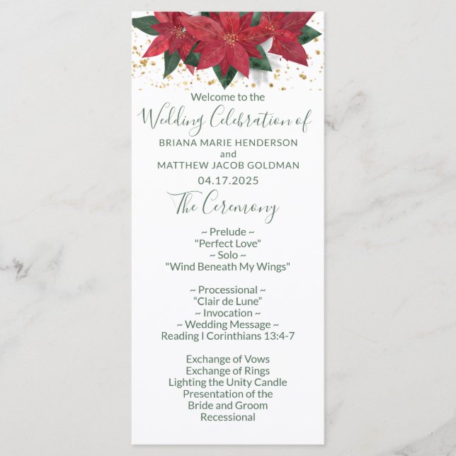 Elegant Poinsettia Green Christmas Wedding Program (Front)