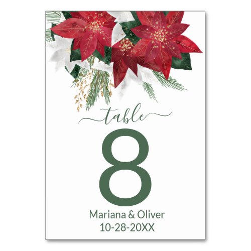 Elegant Poinsettia Green Christmas Wedding Table Number