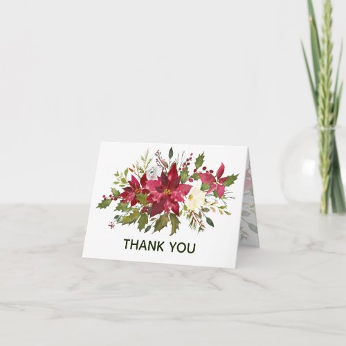 Elegant Poinsettia Greenery Christmas Wedding Thank You Card