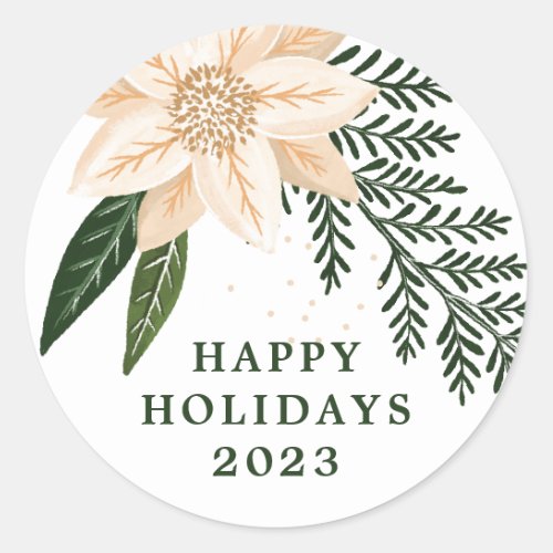 Elegant Poinsettia Happy Holiday Watercolor Classic Round Sticker