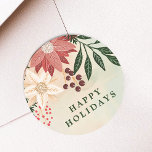 Elegant Poinsettia Happy Holiday Watercolor Classic Round Sticker<br><div class="desc">_____________________________ ***this design is part of a christmas holiday collection*** Step into a world of timeless holiday charm with my "Festive Flora: Christmas Splendor Poinsettia Delight" collection. 🌸🎄 Embrace the magic of the season with a captivating blend of florals, lush green pine leaves, dainty red berries, and the enchanting hues...</div>