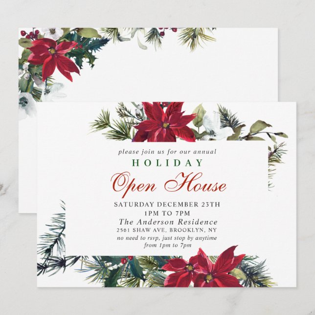 Elegant Poinsettia Holiday Christmas Open House Invitation (Front/Back)