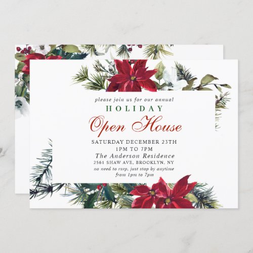 Elegant Poinsettia Holiday Christmas Open House Invitation