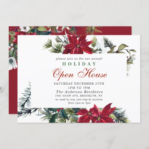 Elegant Poinsettia Holiday Christmas Open House Invitation