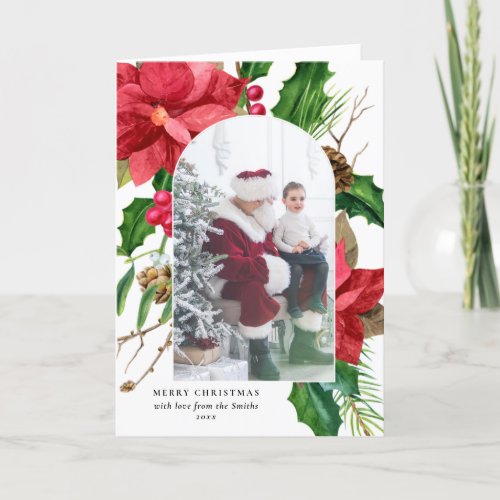 Elegant Poinsettia  Holly Arched Photo_White BG Holiday Card