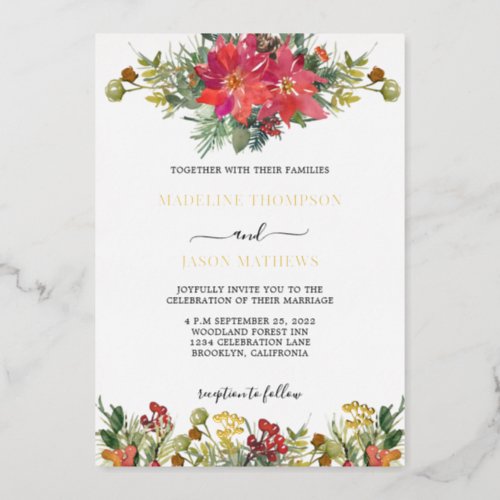 Elegant Poinsettia Holly Berries Floral Wedding Foil Invitation