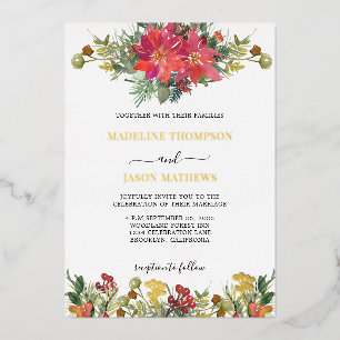Elegant Poinsettia Holly Berries Floral Wedding Foil Invitation