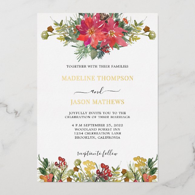 Elegant Poinsettia Holly Berries Floral Wedding Foil Invitation (Front)