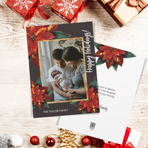 Elegant Poinsettia Merry Christmas Family Photo  Holiday Card