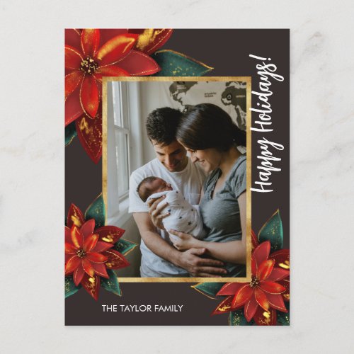 Elegant Poinsettia Merry Christmas Family Photo  Holiday Postcard