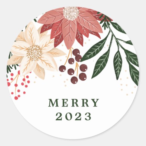 Elegant Poinsettia Merry Christmas Watercolor Classic Round Sticker