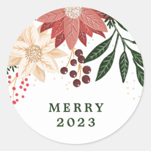 Elegant Poinsettia Merry Christmas Watercolor Classic Round Sticker