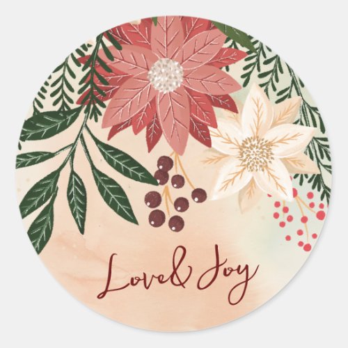 Elegant Poinsettia Merry Christmas Watercolor Classic Round Sticker