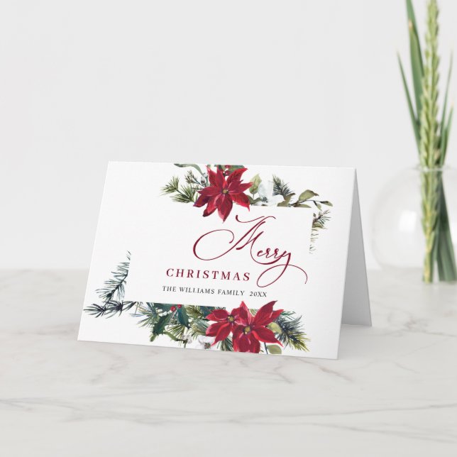 Elegant Poinsettia Mistletoe Christmas Greeting Holiday Card (Front)