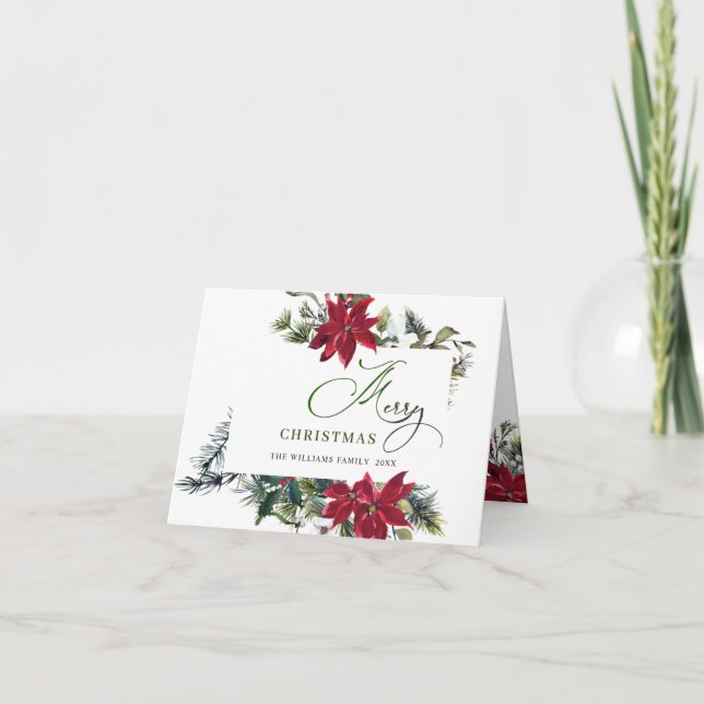 Elegant Poinsettia Mistletoe Christmas Greeting Holiday Card (Front)