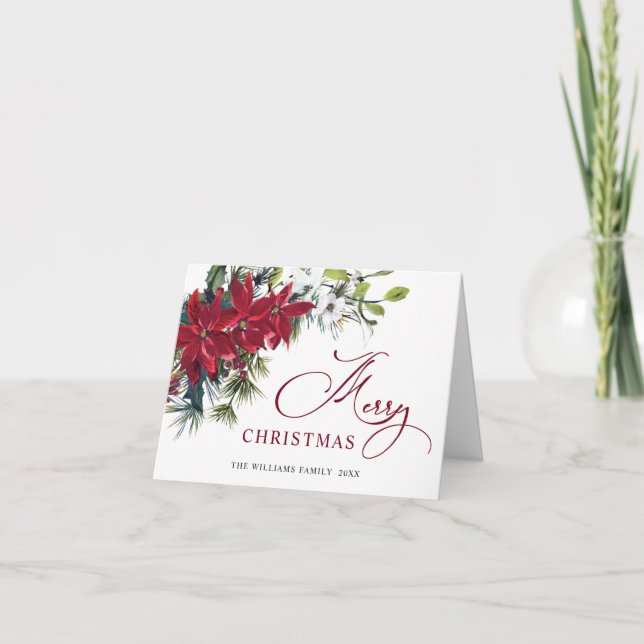 Elegant Poinsettia Mistletoe Christmas Greeting Holiday Card (Front)