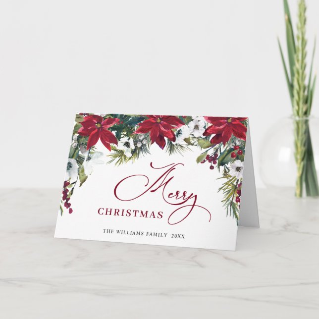 Elegant Poinsettia Mistletoe Christmas Greeting Holiday Card (Front)