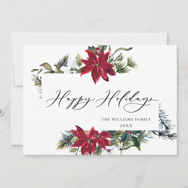 Elegant Poinsettia Mistletoe Christmas Greeting Holiday Card (Front)