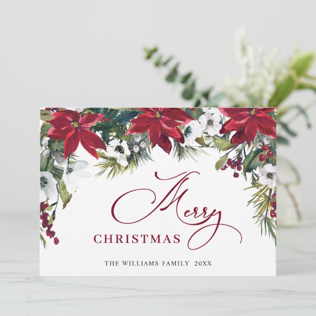 Elegant Poinsettia Mistletoe Christmas Greeting Holiday Card (Standing Front)