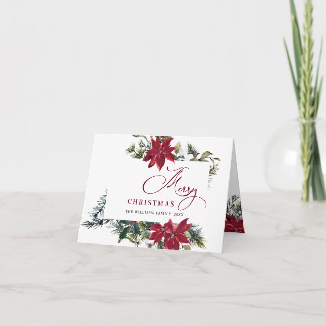 Elegant Poinsettia Mistletoe Christmas Greeting Holiday Card (Front)