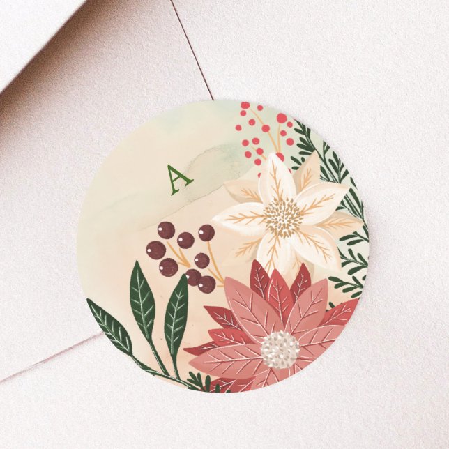 Elegant Poinsettia Monogram Holiday Watercolor Classic Round Sticker (Creator Uploaded)