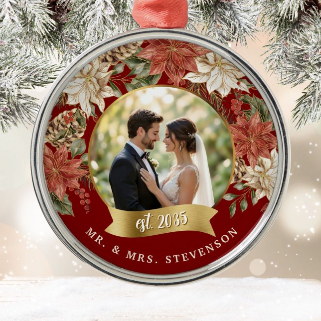 Elegant Poinsettia Newlywed Mr. & Mrs. Photo Metal Ornament (Creator Uploaded)