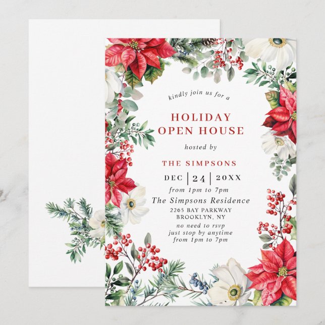 Elegant Poinsettia Open House Christmas Party Invitation (Front/Back)