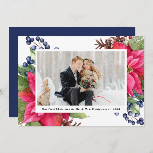 Elegant Poinsettia Our First Christmas Blue Photo  Holiday Card