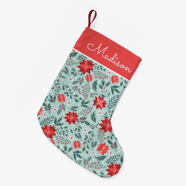 Elegant Poinsettia Pattern Personalized Small Christmas Stocking (Front (Hanging))
