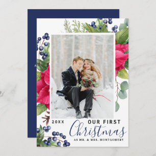 Elegant Poinsettia Photo Our First Christmas Blue Holiday Card