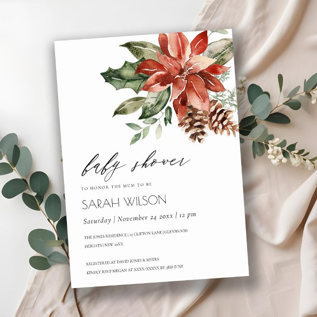 Elegant Poinsettia Pine Cone Baby Shower Invite (Creator Uploaded)