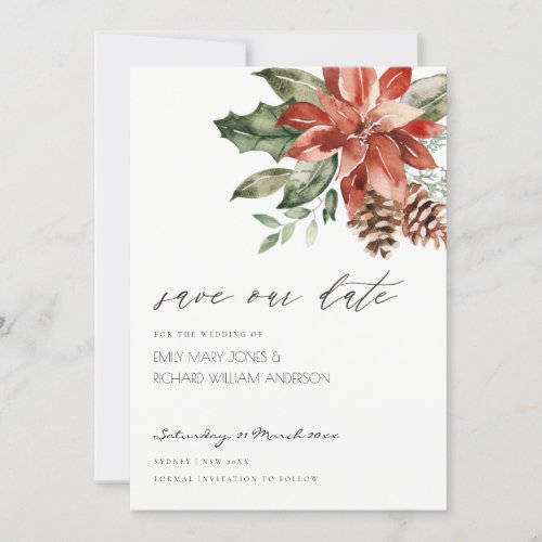Elegant Poinsettia Pine Cone Save the Date Card