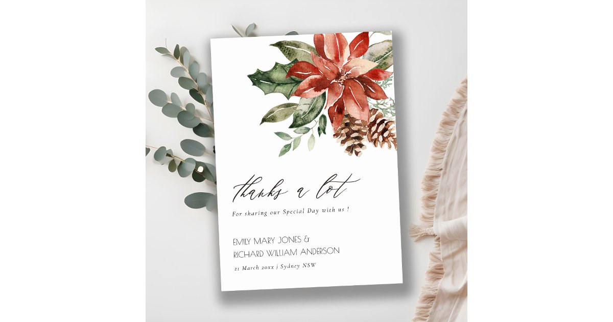 Elegant Poinsettia Pine Cone Watercolor Wedding Thank You Card | Zazzle