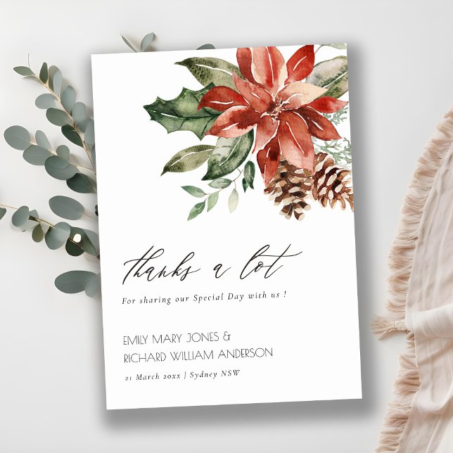 Elegant Poinsettia Pine Cone Watercolor Wedding  Thank You Card (Creator Uploaded)