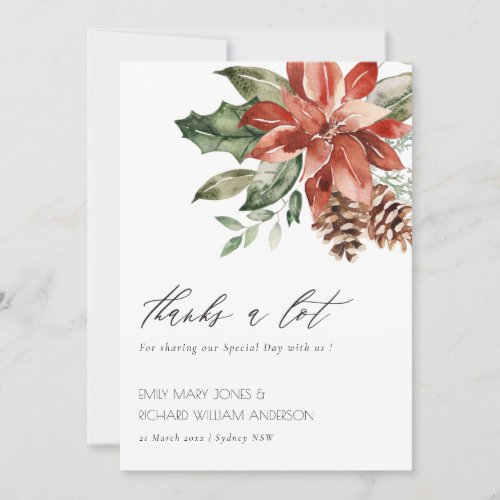 Elegant Poinsettia Pine Cone Watercolor Wedding  Thank You Card