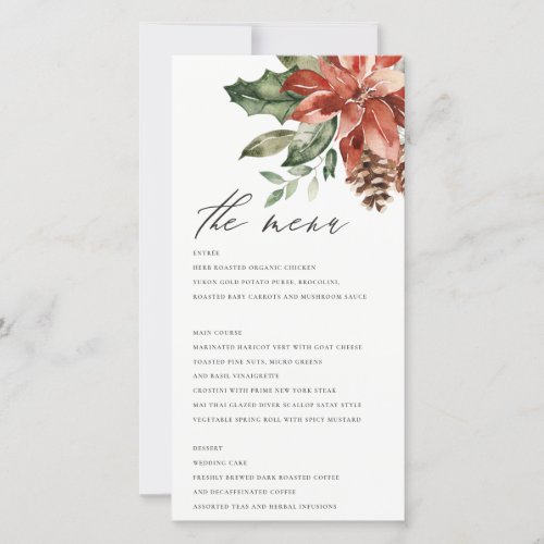 Elegant Poinsettia Pine Cone Wedding Menu Card