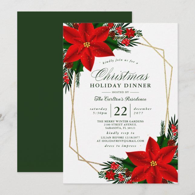 Elegant Poinsettia Pine Greenery Christmas Dinner Invitation (Front/Back)